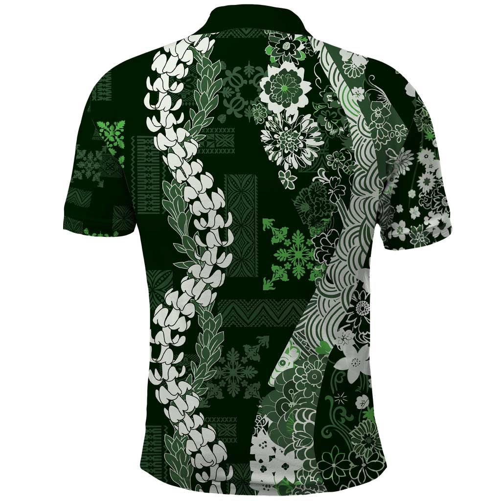 Hawaii Puakenikeni and Maile Lei Polo Shirt Green Japanese Wave Style - Polynesian Pride
