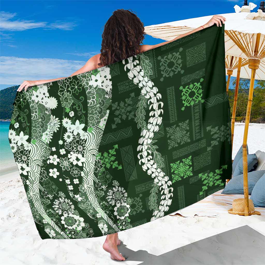 Hawaii Puakenikeni and Maile Lei Sarong Green Japanese Wave Style - Polynesian Pride
