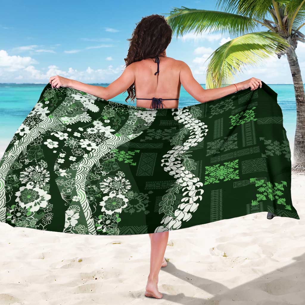 Hawaii Puakenikeni and Maile Lei Sarong Green Japanese Wave Style - Polynesian Pride