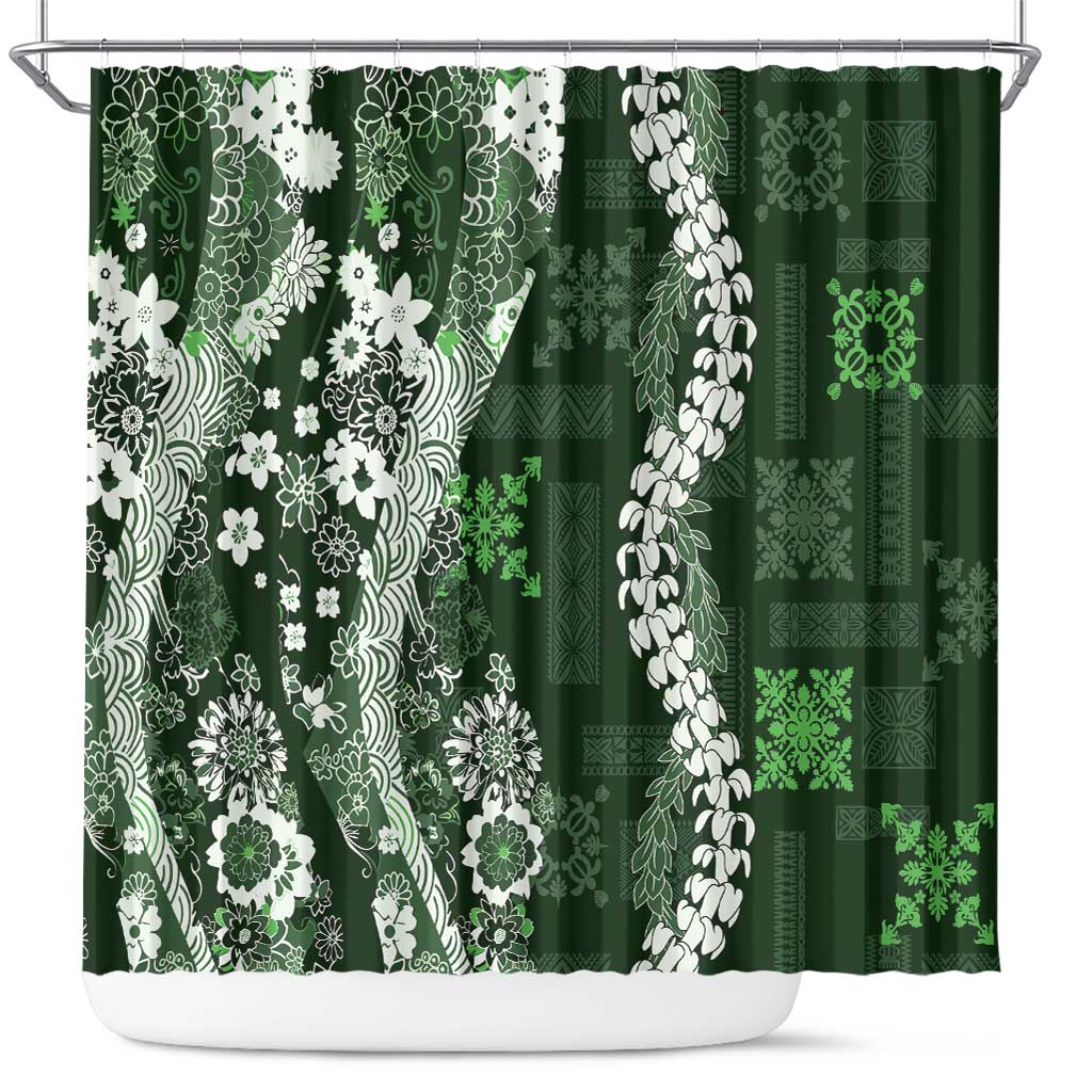 Hawaii Puakenikeni and Maile Lei Shower Curtain Green Japanese Wave Style - Polynesian Pride