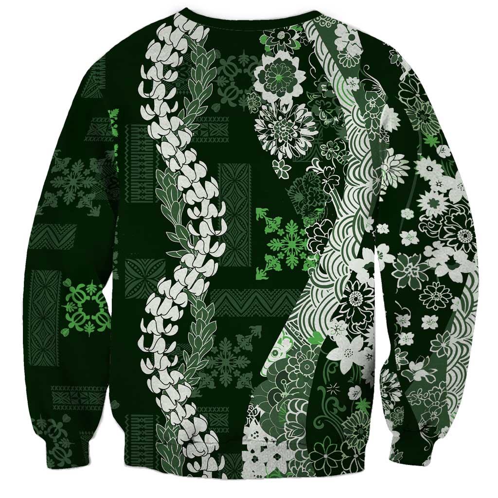 Hawaii Puakenikeni and Maile Lei Sweatshirt Green Japanese Wave Style - Polynesian Pride