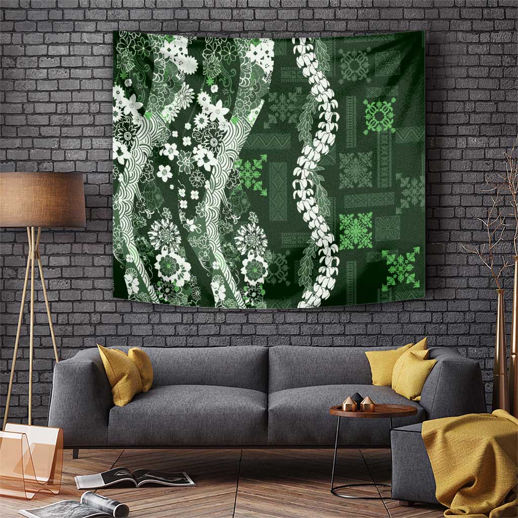 Hawaii Puakenikeni and Maile Lei Tapestry Green Japanese Wave Style - Polynesian Pride