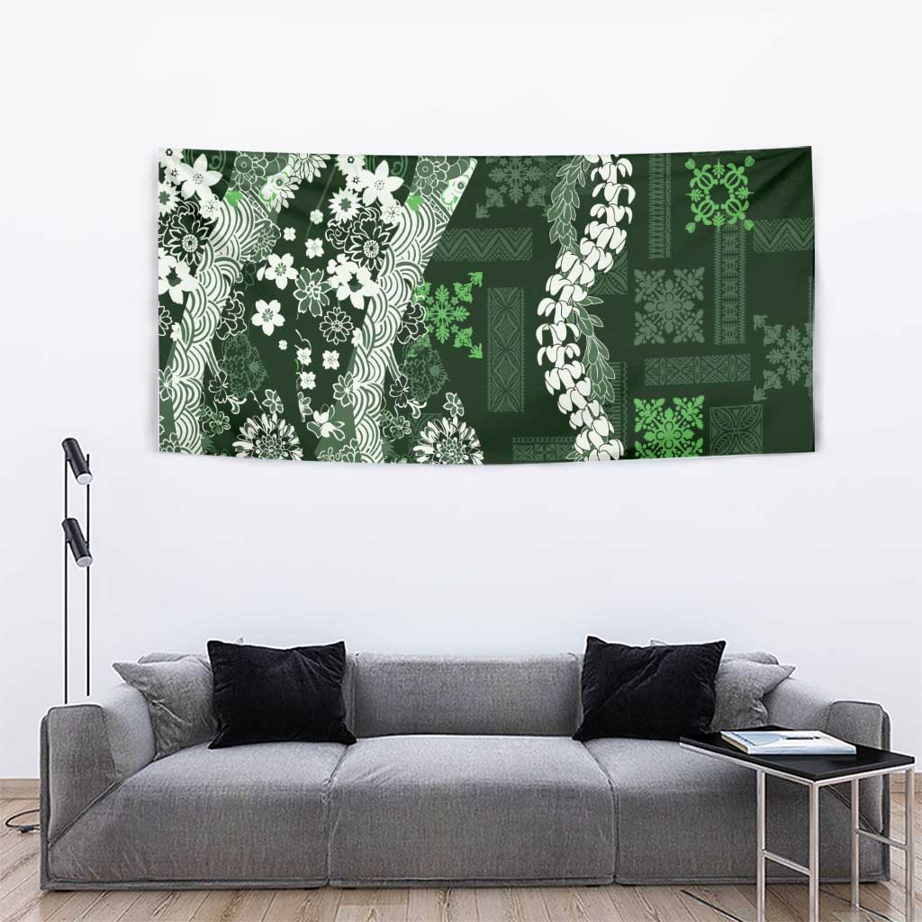 Hawaii Puakenikeni and Maile Lei Tapestry Green Japanese Wave Style - Polynesian Pride