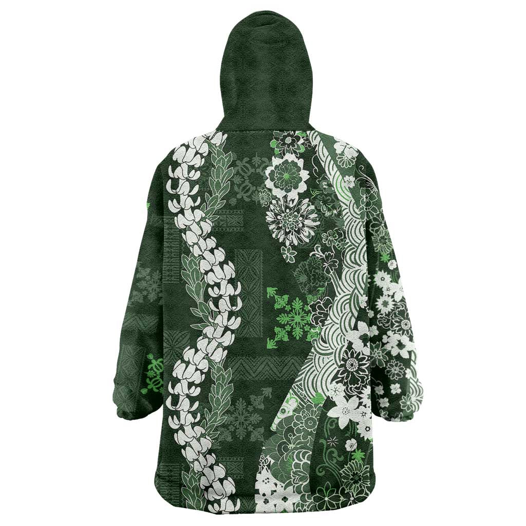 Hawaii Puakenikeni and Maile Lei Wearable Blanket Hoodie Green Japanese Wave Style - Polynesian Pride
