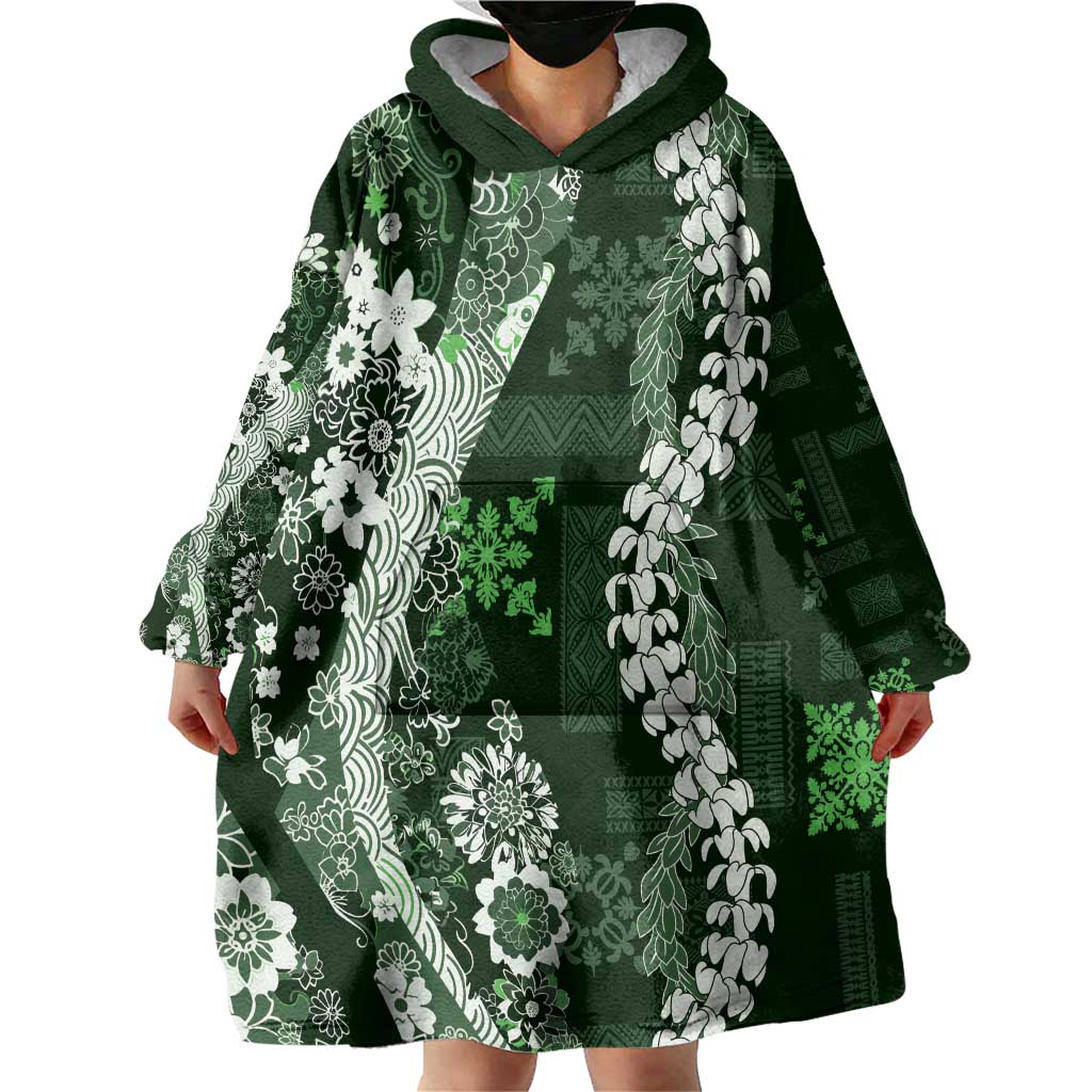 Hawaii Puakenikeni and Maile Lei Wearable Blanket Hoodie Green Japanese Wave Style - Polynesian Pride