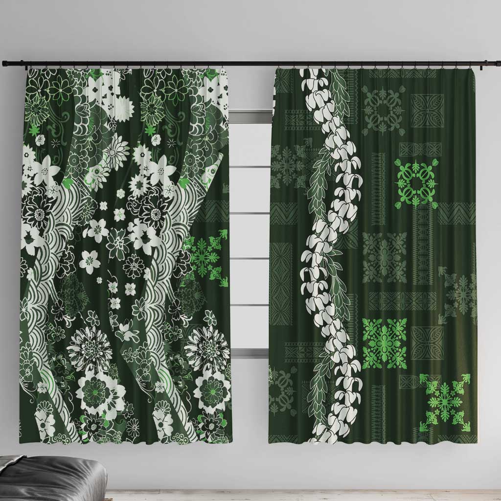 Hawaii Puakenikeni and Maile Lei Window Curtain Green Japanese Wave Style - Polynesian Pride