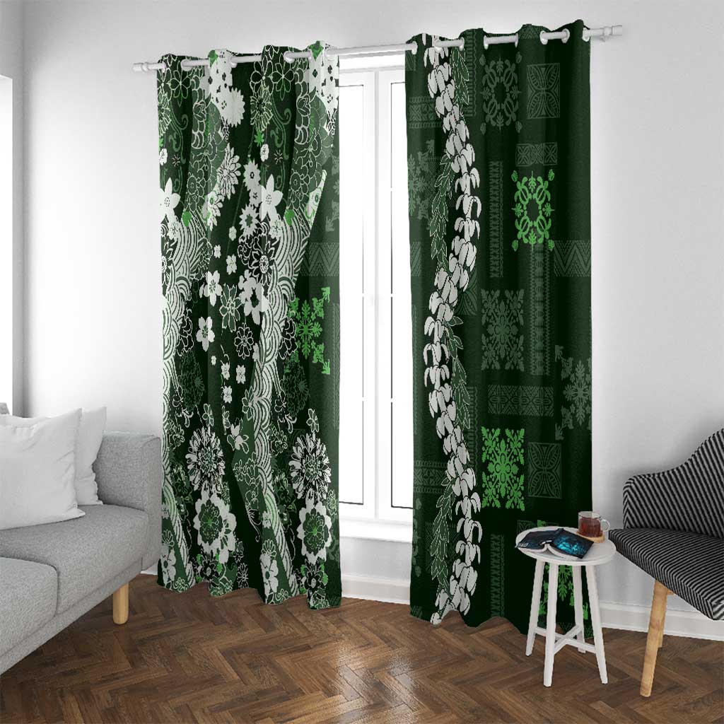 Hawaii Puakenikeni and Maile Lei Window Curtain Green Japanese Wave Style - Polynesian Pride