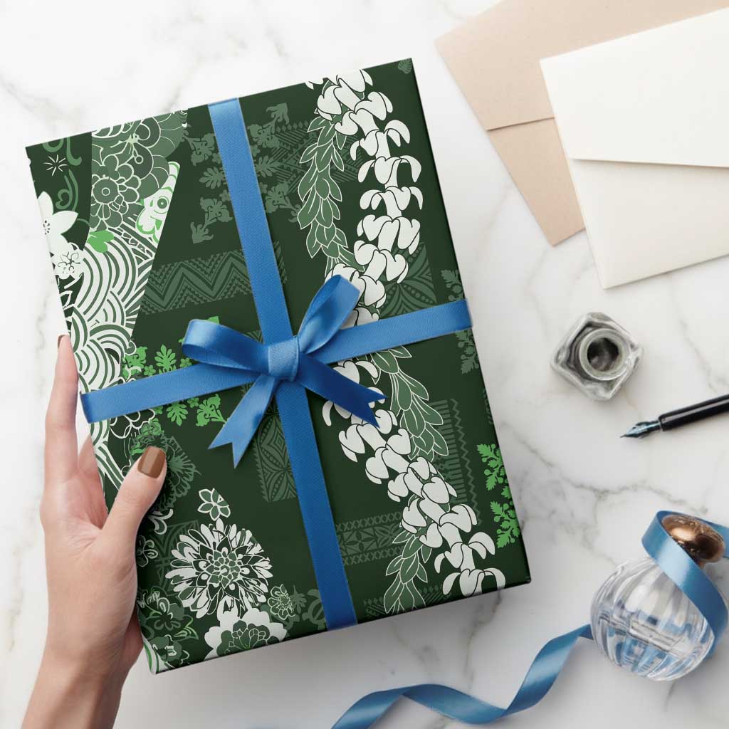 Hawaii Puakenikeni and Maile Lei Wrapping Paper Green Japanese Wave Style - Polynesian Pride