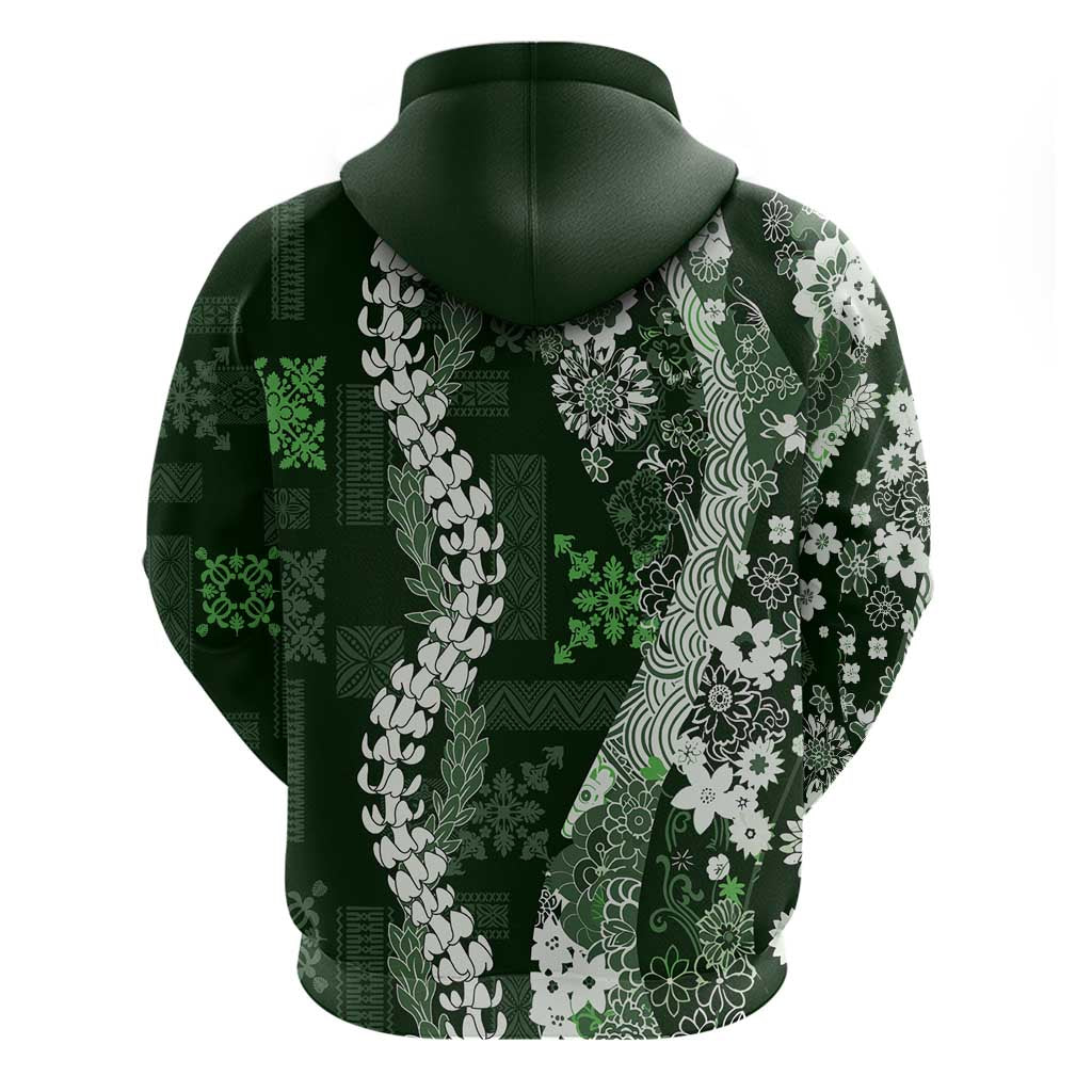 Hawaii Puakenikeni and Maile Lei Zip Hoodie Green Japanese Wave Style - Polynesian Pride
