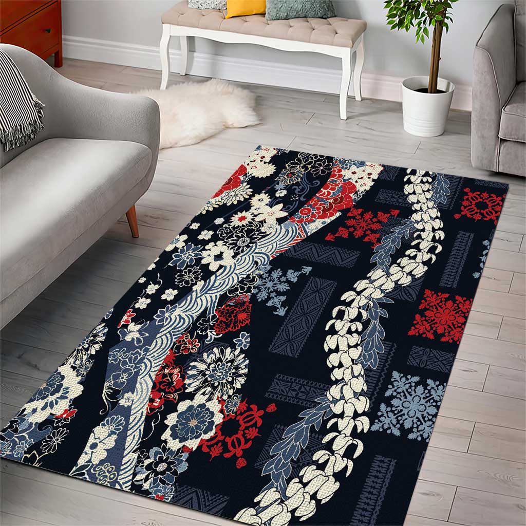 Hawaii Puakenikeni and Maile Lei Area Rug Navy Blue Japanese Wave Style - Polynesian Pride