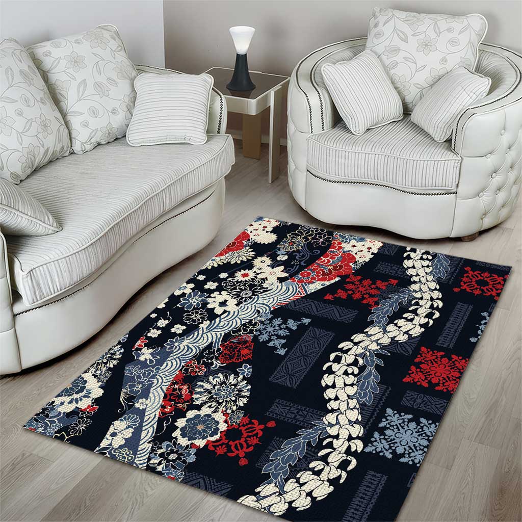 Hawaii Puakenikeni and Maile Lei Area Rug Navy Blue Japanese Wave Style - Polynesian Pride