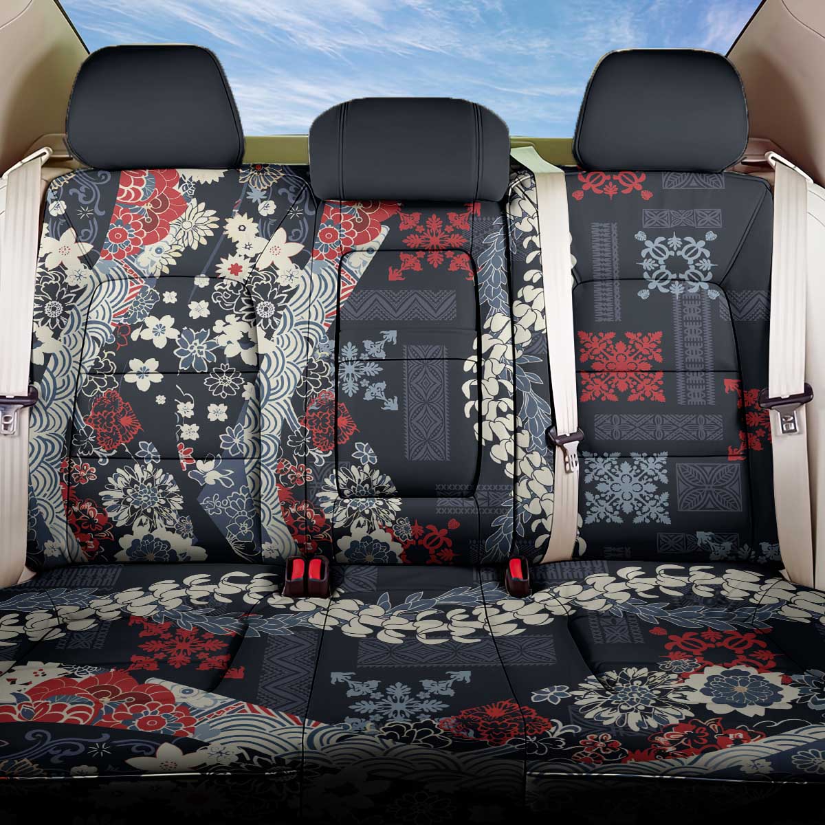 Hawaii Puakenikeni and Maile Lei Back Car Seat Cover Navy Blue Japanese Wave Style - Polynesian Pride