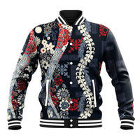Hawaii Puakenikeni and Maile Lei Baseball Jacket Navy Blue Japanese Wave Style - Polynesian Pride