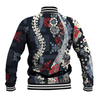 Hawaii Puakenikeni and Maile Lei Baseball Jacket Navy Blue Japanese Wave Style - Polynesian Pride