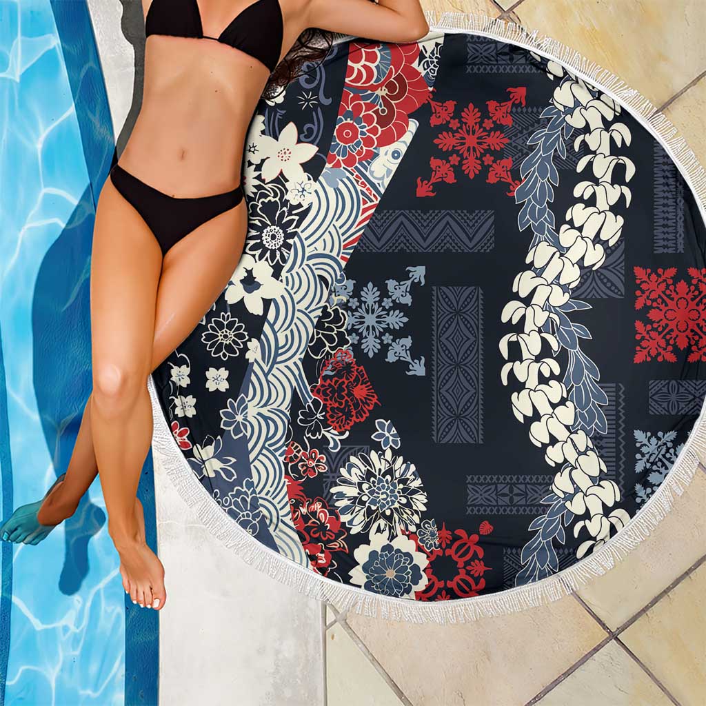 Hawaii Puakenikeni and Maile Lei Beach Blanket Navy Blue Japanese Wave Style - Polynesian Pride