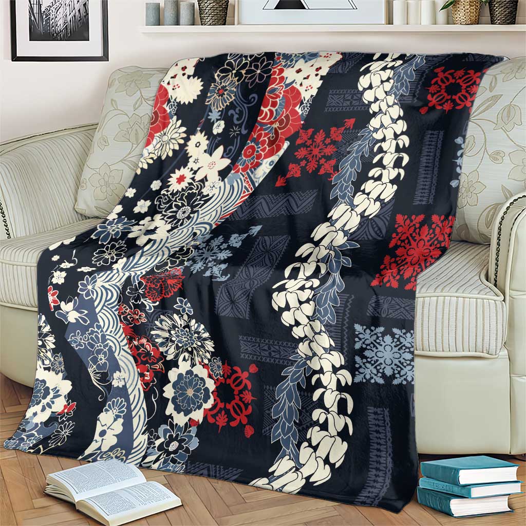 Hawaii Puakenikeni and Maile Lei Blanket Navy Blue Japanese Wave Style - Polynesian Pride