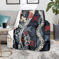 Hawaii Puakenikeni and Maile Lei Blanket Navy Blue Japanese Wave Style - Polynesian Pride