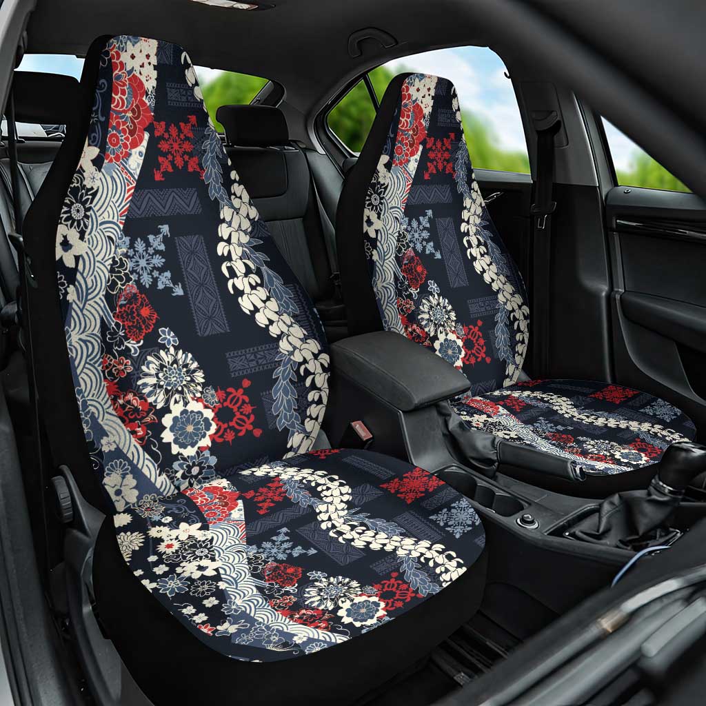 Hawaii Puakenikeni and Maile Lei Car Seat Cover Navy Blue Japanese Wave Style - Polynesian Pride