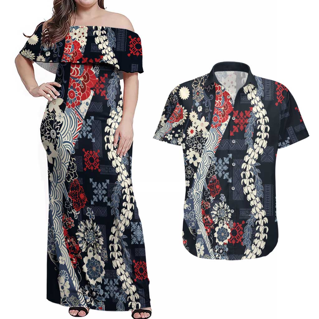 Hawaii Puakenikeni and Maile Lei Couples Matching Off Shoulder Maxi Dress and Hawaiian Shirt Navy Blue Japanese Wave Style LT9 Navy Blue - Polynesian Pride