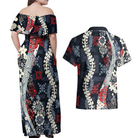Hawaii Puakenikeni and Maile Lei Couples Matching Off Shoulder Maxi Dress and Hawaiian Shirt Navy Blue Japanese Wave Style LT9 - Polynesian Pride