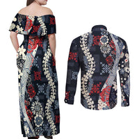 Hawaii Puakenikeni and Maile Lei Couples Matching Off Shoulder Maxi Dress and Long Sleeve Button Shirt Navy Blue Japanese Wave Style - Polynesian Pride