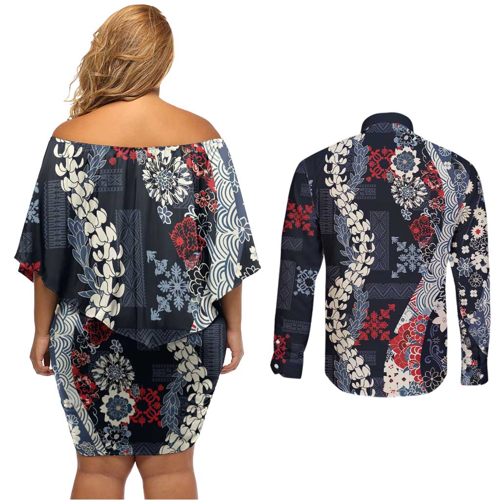 Hawaii Puakenikeni and Maile Lei Couples Matching Off Shoulder Short Dress and Long Sleeve Button Shirt Navy Blue Japanese Wave Style - Polynesian Pride