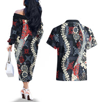 Hawaii Puakenikeni and Maile Lei Couples Matching Off The Shoulder Long Sleeve Dress and Hawaiian Shirt Navy Blue Japanese Wave Style - Polynesian Pride