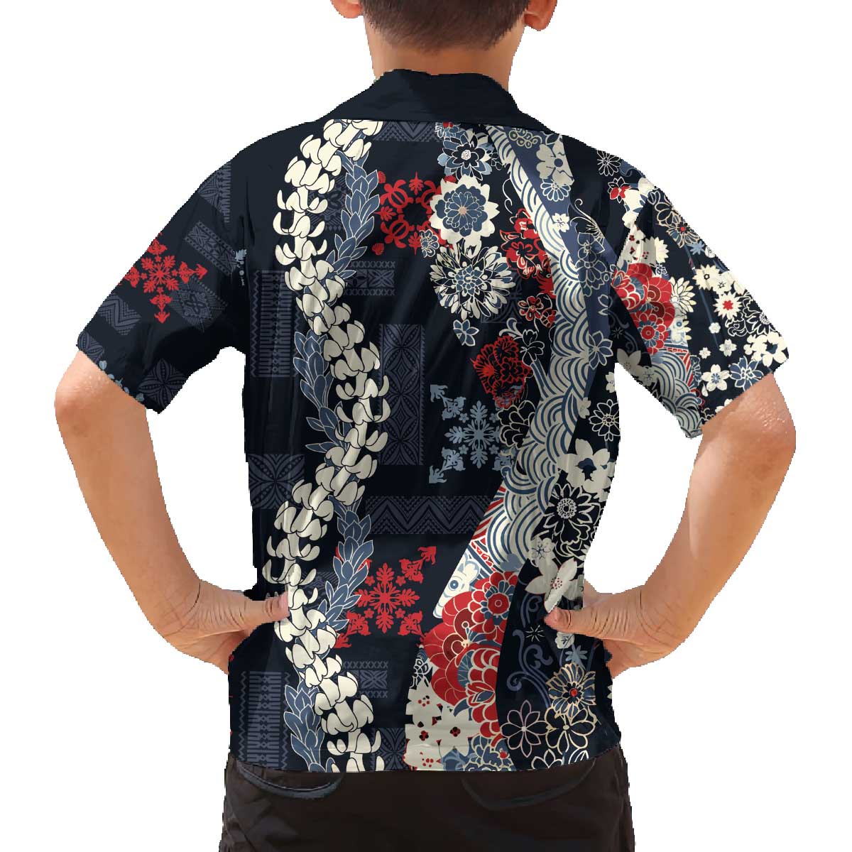 Hawaii Puakenikeni and Maile Lei Family Matching Off The Shoulder Long Sleeve Dress and Hawaiian Shirt Navy Blue Japanese Wave Style LT9 - Polynesian Pride