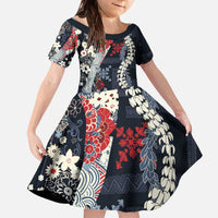 Hawaii Puakenikeni and Maile Lei Family Matching Off The Shoulder Long Sleeve Dress and Hawaiian Shirt Navy Blue Japanese Wave Style LT9 Daughter's Dress Navy Blue - Polynesian Pride
