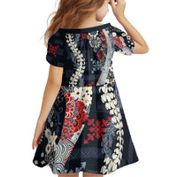 Hawaii Puakenikeni and Maile Lei Family Matching Off The Shoulder Long Sleeve Dress and Hawaiian Shirt Navy Blue Japanese Wave Style LT9 - Polynesian Pride