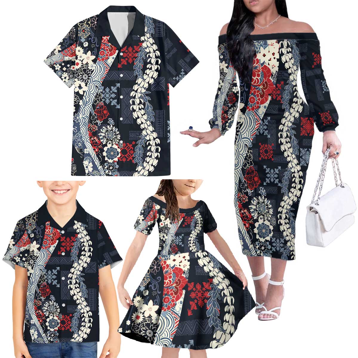 Hawaii Puakenikeni and Maile Lei Family Matching Off The Shoulder Long Sleeve Dress and Hawaiian Shirt Navy Blue Japanese Wave Style LT9 - Polynesian Pride