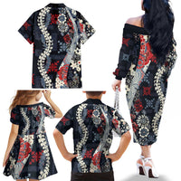 Hawaii Puakenikeni and Maile Lei Family Matching Off The Shoulder Long Sleeve Dress and Hawaiian Shirt Navy Blue Japanese Wave Style LT9 - Polynesian Pride