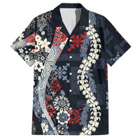 Hawaii Puakenikeni and Maile Lei Family Matching Off The Shoulder Long Sleeve Dress and Hawaiian Shirt Navy Blue Japanese Wave Style LT9 Dad's Shirt - Short Sleeve Navy Blue - Polynesian Pride