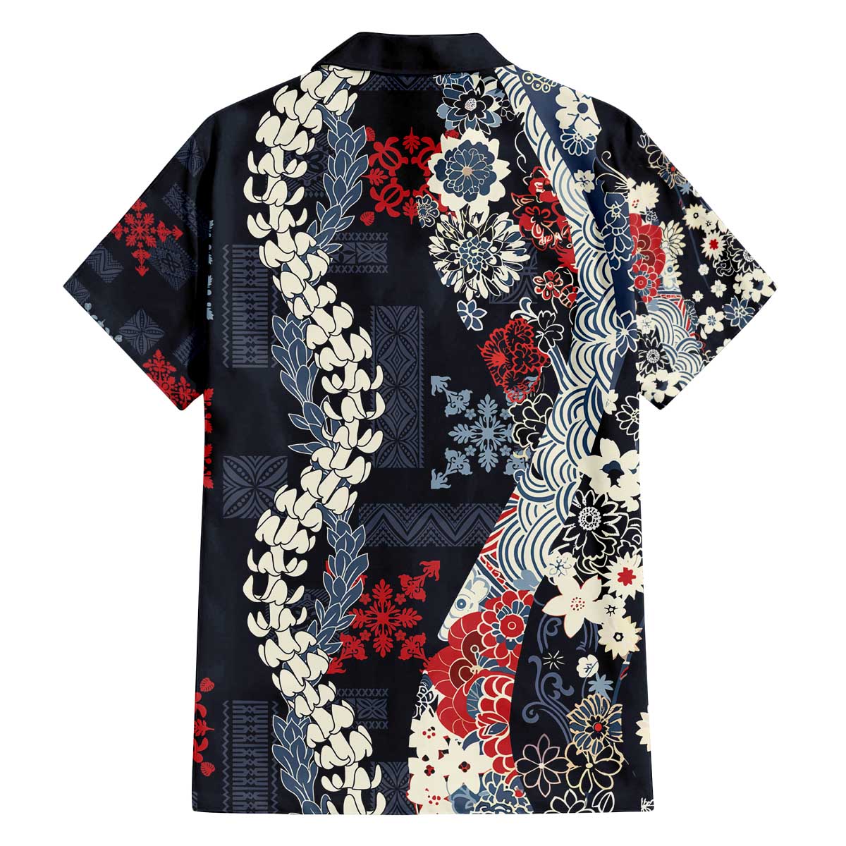 Hawaii Puakenikeni and Maile Lei Family Matching Off The Shoulder Long Sleeve Dress and Hawaiian Shirt Navy Blue Japanese Wave Style LT9 - Polynesian Pride