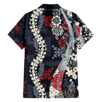 Hawaii Puakenikeni and Maile Lei Family Matching Off The Shoulder Long Sleeve Dress and Hawaiian Shirt Navy Blue Japanese Wave Style LT9 - Polynesian Pride