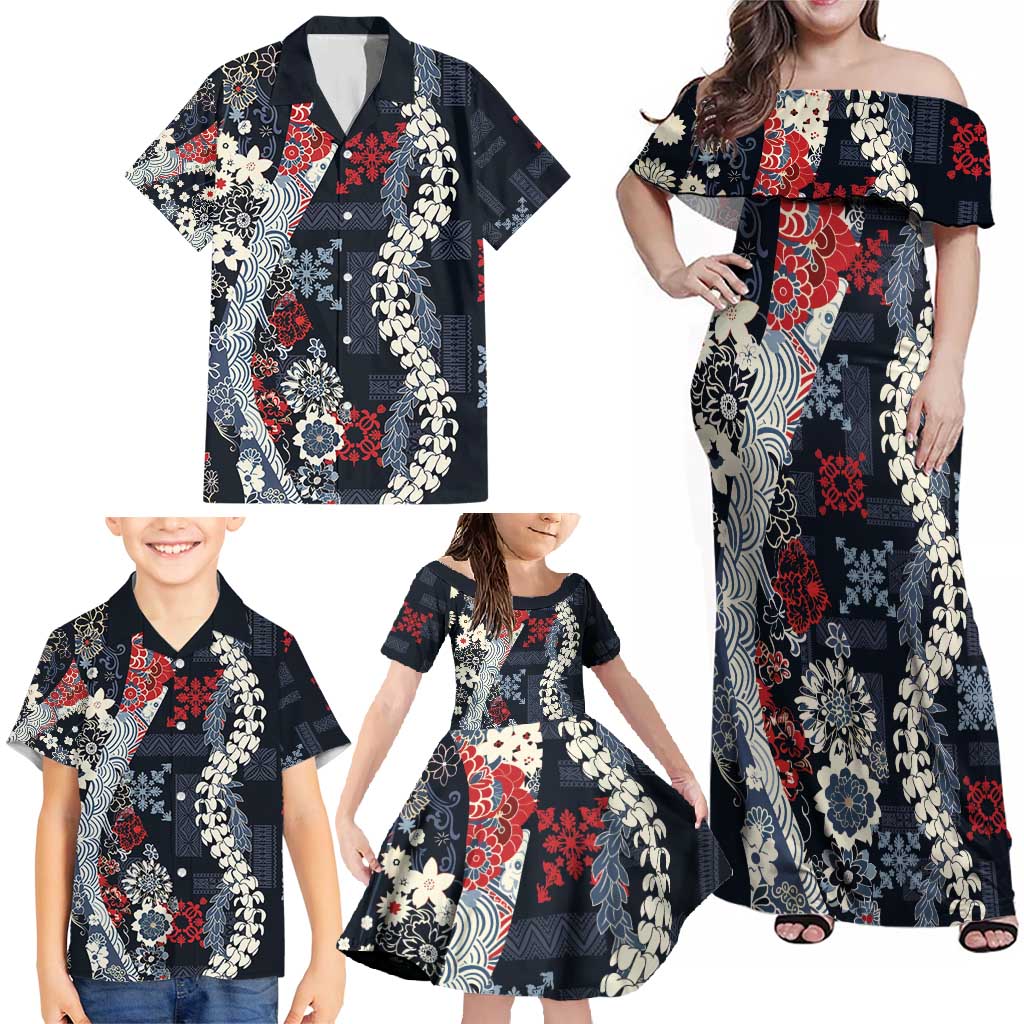 Hawaii Puakenikeni and Maile Lei Family Matching Off Shoulder Maxi Dress and Hawaiian Shirt Navy Blue Japanese Wave Style - Polynesian Pride