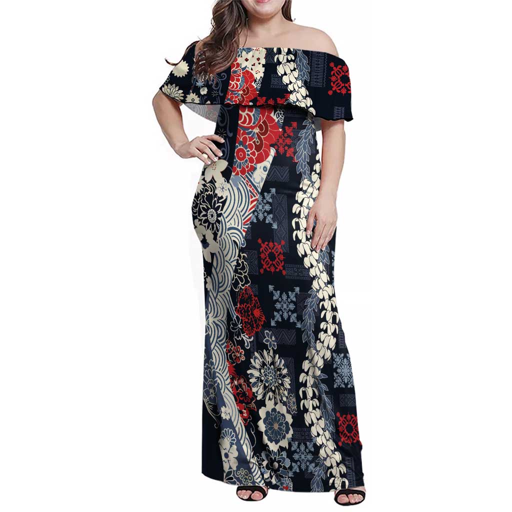 Hawaii Puakenikeni and Maile Lei Family Matching Off Shoulder Maxi Dress and Hawaiian Shirt Navy Blue Japanese Wave Style - Polynesian Pride