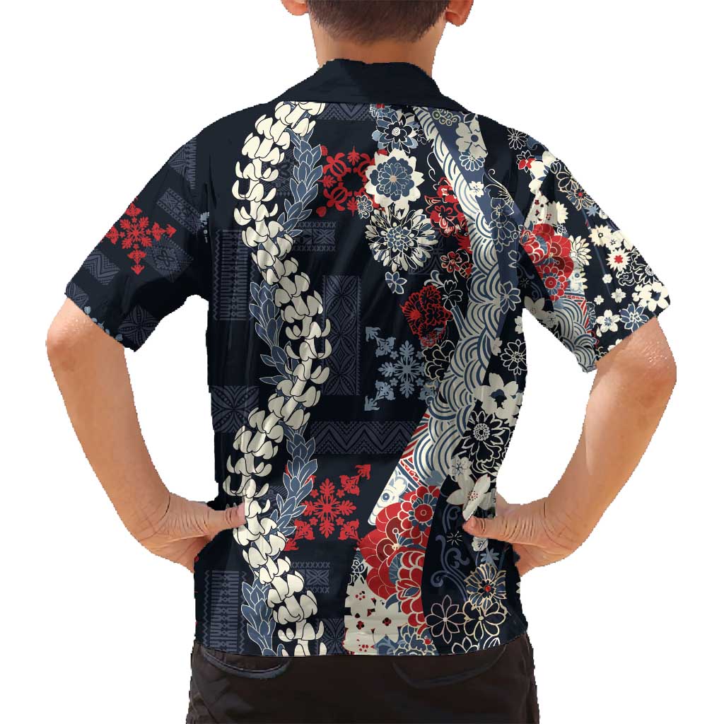 Hawaii Puakenikeni and Maile Lei Family Matching Puletasi and Hawaiian Shirt Navy Blue Japanese Wave Style LT9 - Polynesian Pride