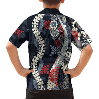 Hawaii Puakenikeni and Maile Lei Family Matching Puletasi and Hawaiian Shirt Navy Blue Japanese Wave Style LT9 - Polynesian Pride