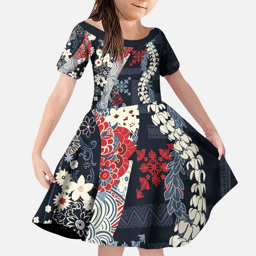 Hawaii Puakenikeni and Maile Lei Family Matching Puletasi and Hawaiian Shirt Navy Blue Japanese Wave Style LT9 Daughter's Dress Navy Blue - Polynesian Pride