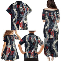 Hawaii Puakenikeni and Maile Lei Family Matching Puletasi and Hawaiian Shirt Navy Blue Japanese Wave Style LT9 - Polynesian Pride