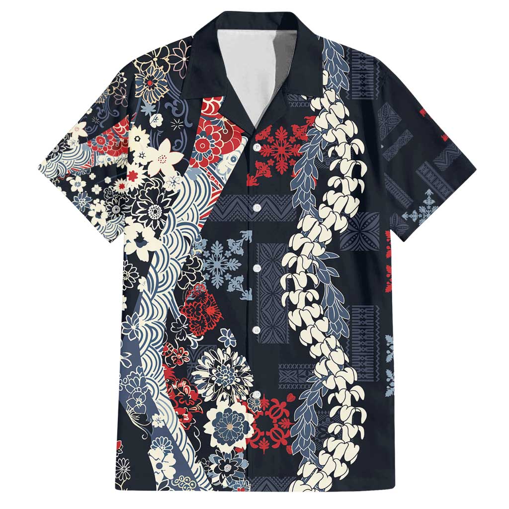 Hawaii Puakenikeni and Maile Lei Family Matching Puletasi and Hawaiian Shirt Navy Blue Japanese Wave Style LT9 Dad's Shirt - Short Sleeve Navy Blue - Polynesian Pride