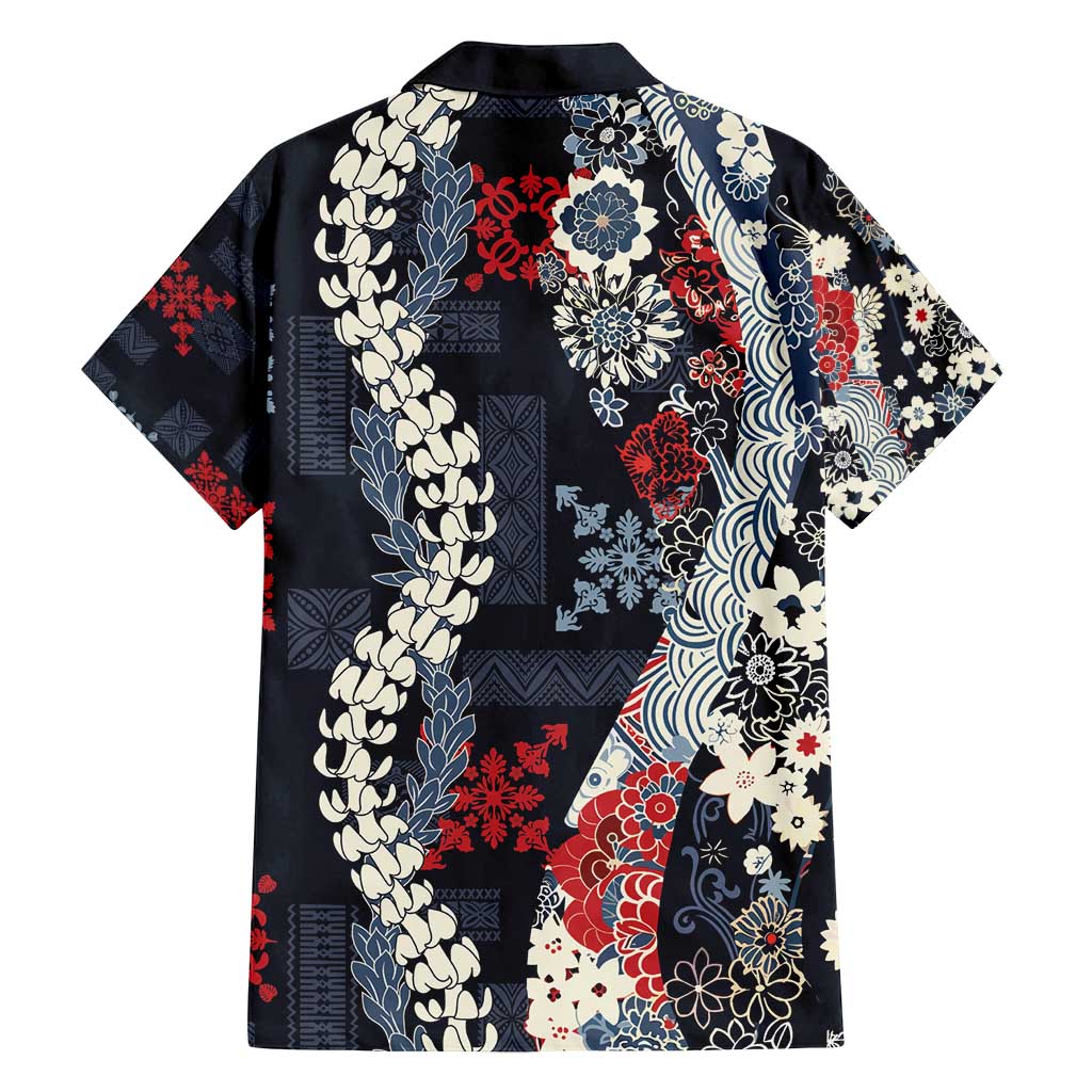 Hawaii Puakenikeni and Maile Lei Family Matching Puletasi and Hawaiian Shirt Navy Blue Japanese Wave Style LT9 - Polynesian Pride