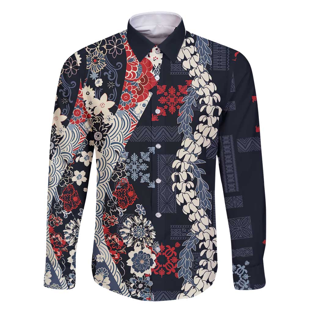Hawaii Puakenikeni and Maile Lei Family Matching Puletasi and Hawaiian Shirt Navy Blue Japanese Wave Style LT9 Dad's Shirt - Long Sleeve Navy Blue - Polynesian Pride