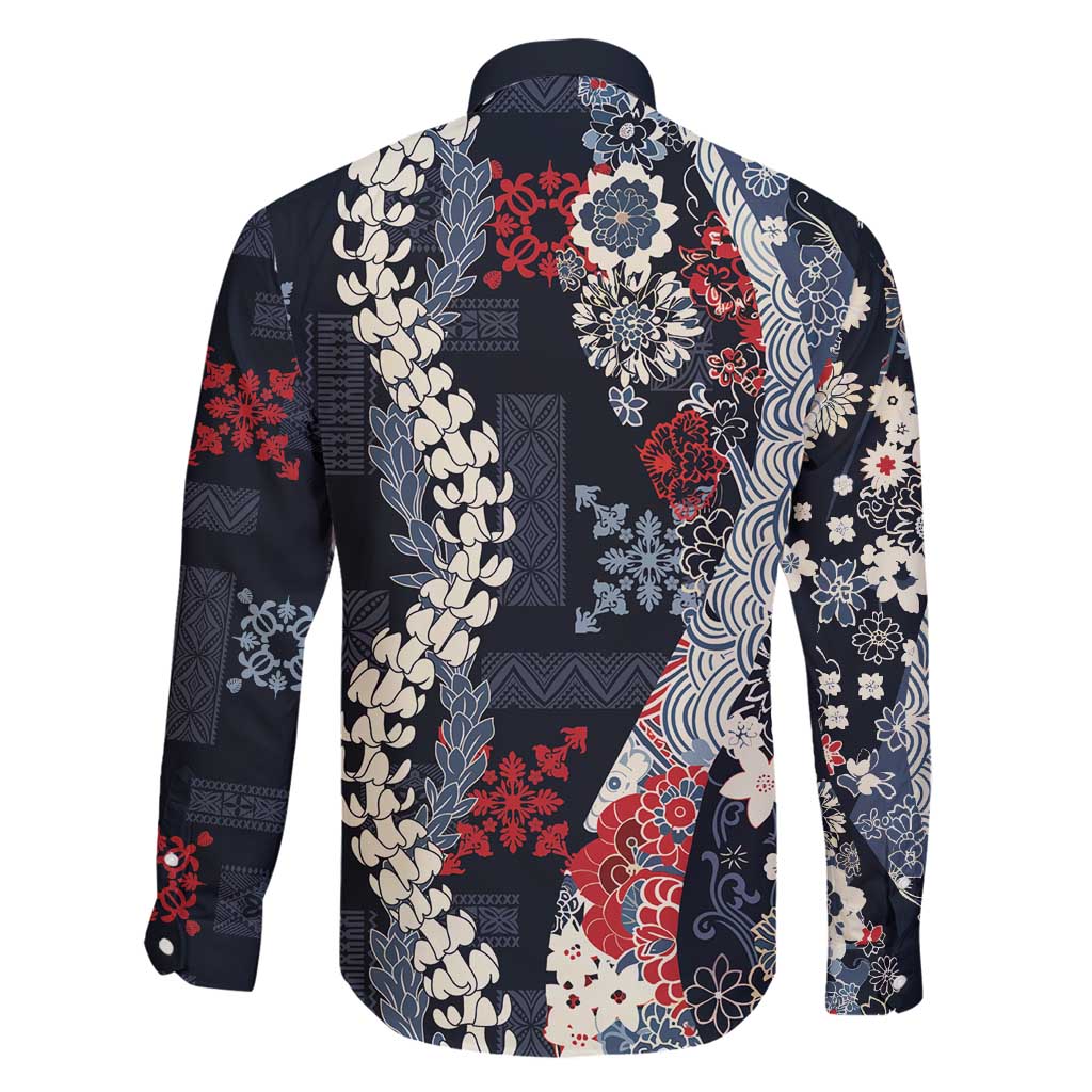 Hawaii Puakenikeni and Maile Lei Family Matching Puletasi and Hawaiian Shirt Navy Blue Japanese Wave Style LT9 - Polynesian Pride