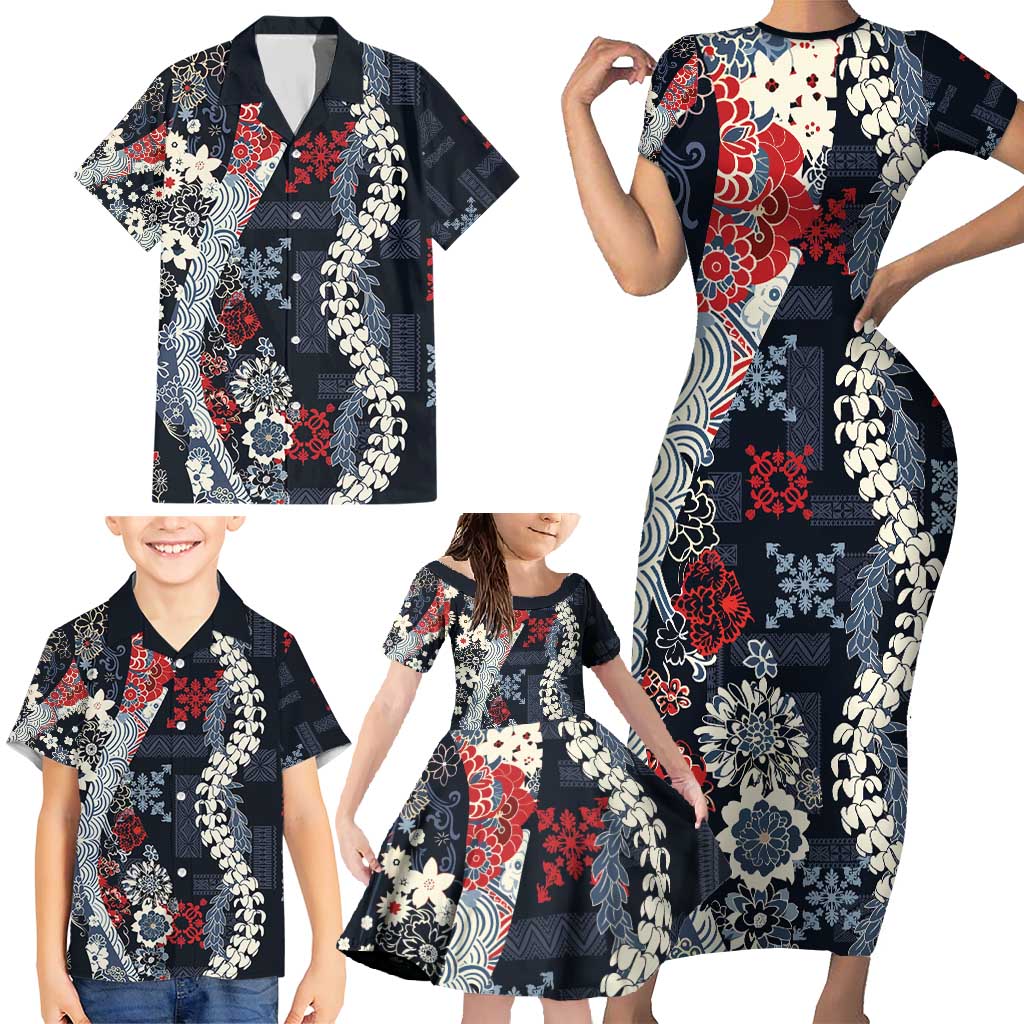Hawaii Puakenikeni and Maile Lei Family Matching Short Sleeve Bodycon Dress and Hawaiian Shirt Navy Blue Japanese Wave Style - Polynesian Pride
