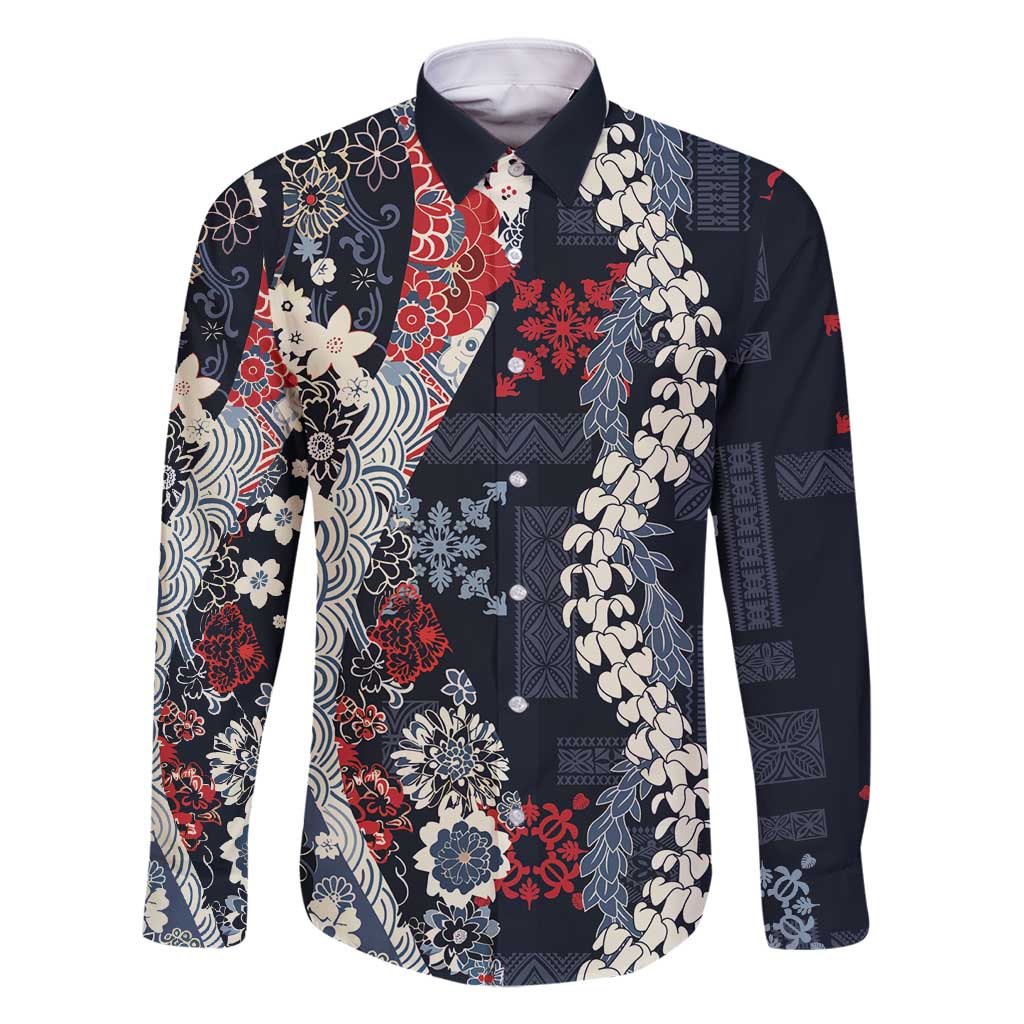 Hawaii Puakenikeni and Maile Lei Family Matching Summer Maxi Dress and Hawaiian Shirt Navy Blue Japanese Wave Style - Polynesian Pride