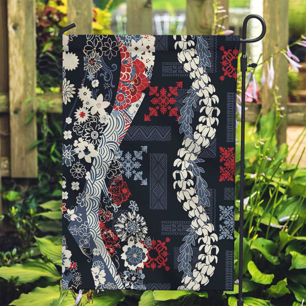 Hawaii Puakenikeni and Maile Lei Garden Flag Navy Blue Japanese Wave Style - Polynesian Pride