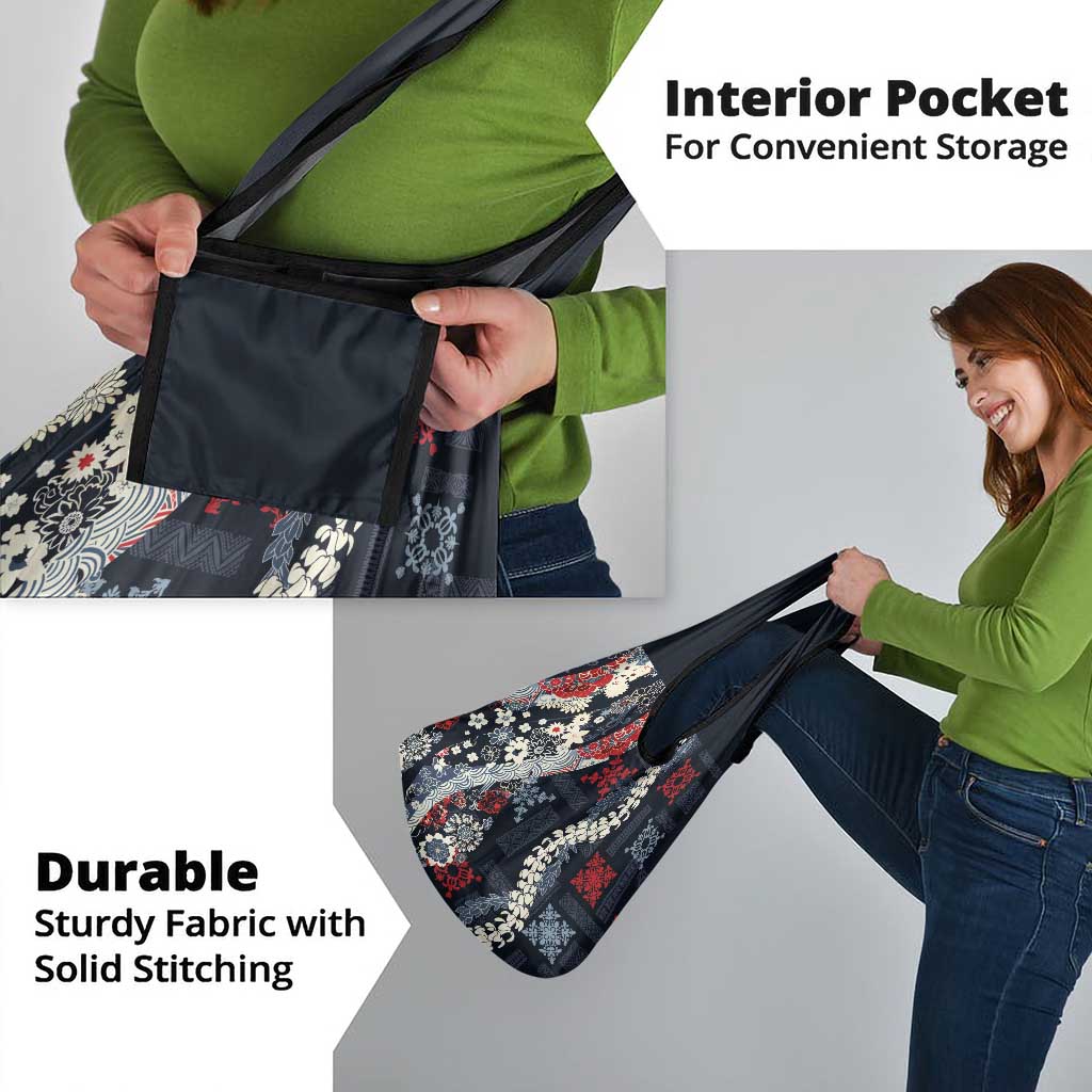 Hawaii Puakenikeni and Maile Lei Grocery Bag Navy Blue Japanese Wave Style - Polynesian Pride