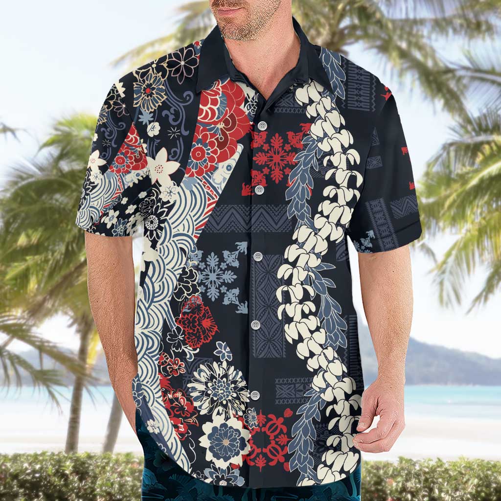 Hawaii Puakenikeni and Maile Lei Hawaiian Shirt Navy Blue Japanese Wave Style - Polynesian Pride